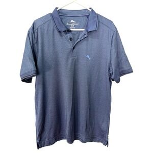 Tommy Bahama Mens Medium Blue Striped Polo Shirt Short Sleeve Stretch Y2K